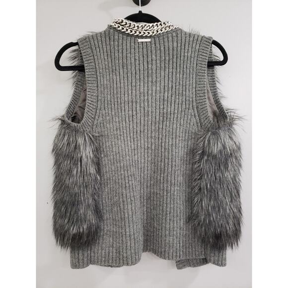 MICHAEL KORS Chain Detail Faux Fur Sweater Vest Derby Wool Blend Glam Mob Boss - Picture 6 of 7